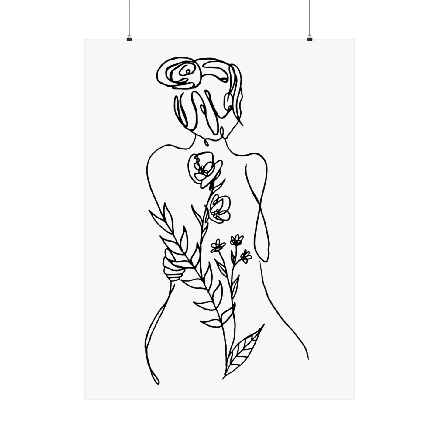 Feminine Line Art - Flowers on Body - Matte Poster