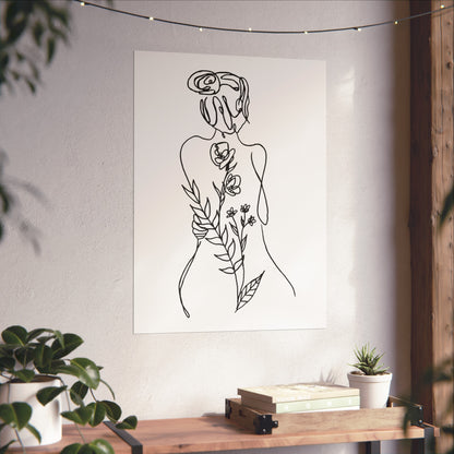 Feminine Line Art - Flowers on Body - Matte Poster