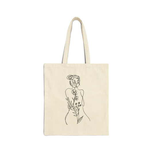 Female Body Floral Line Art Cotton Canvas Tote Bag