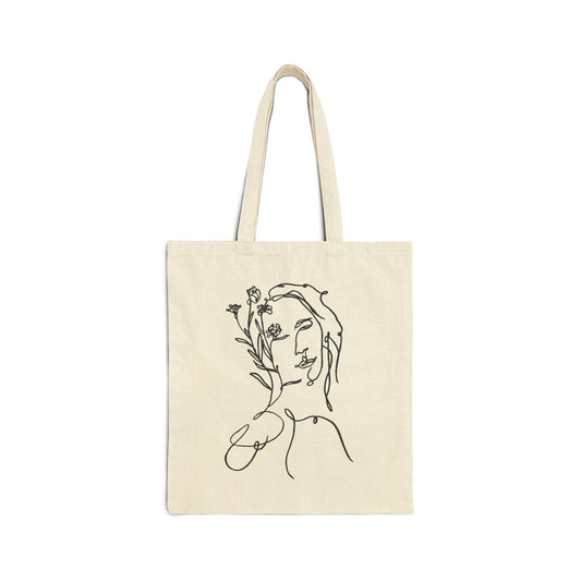 Female Face Floral Line Art Cotton Canvas Tote Bag