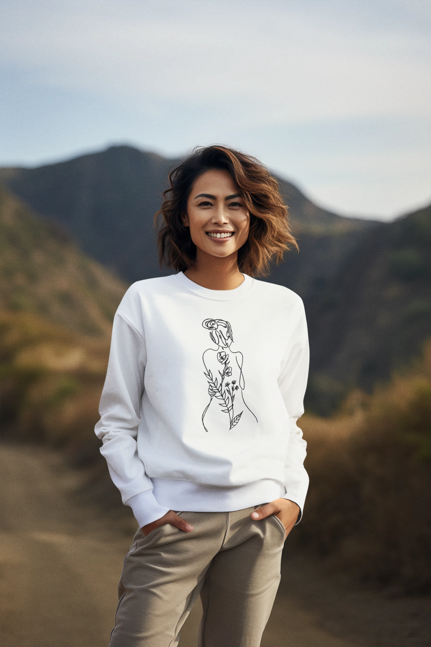 Female Line art - Floral Body - Women's Pullover Sweatshirt