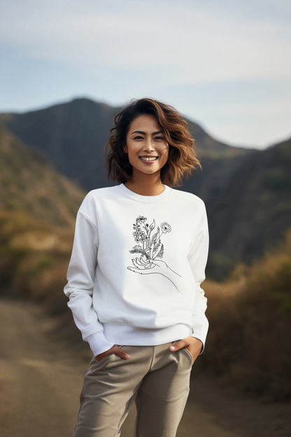 Female Line art - Flowers in Hand - Women's Pullover Sweatshirt