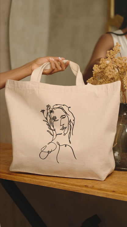 Female Face Floral Line Art Cotton Canvas Tote Bag