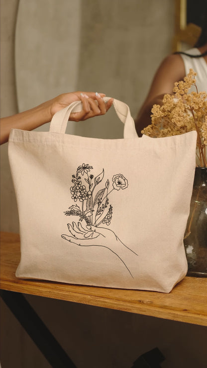 Female Hand Floral Line Art Cotton Canvas Tote Bag