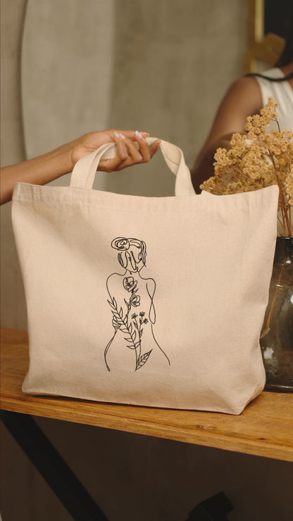 Female Body Floral Line Art Cotton Canvas Tote Bag